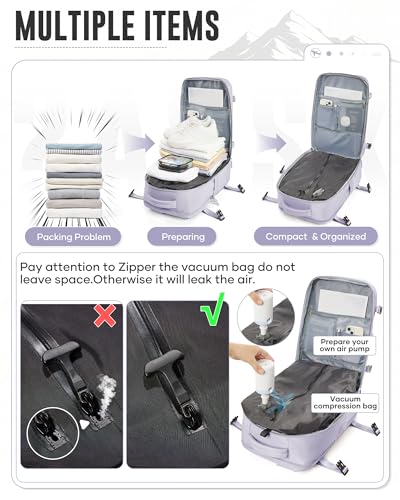 Vacuum Travel Backpack with Electric Pump for Women Men, Vacpack Seal Compression Bags Waterproof Travel Backpack Carry on Flight Approved, Air Backpack Personal Item Carry on Backpacks（purple）3