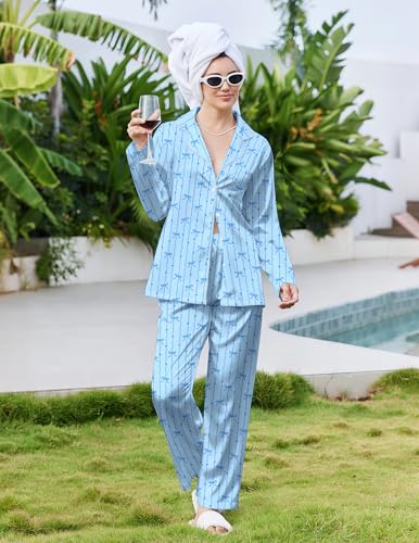 Image of Ekouaer Pajamas For Women Set Silk Pjs 2 Piece Satin Sleepwear Long Sleeve Button Down Lounge Sets With Pant