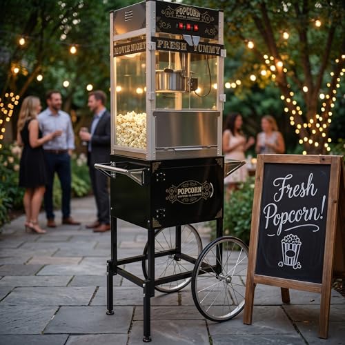 Image of 32Oz Commercial Popcorn Machine with Black Vintage Standing Cart | Stainless Steel Non-stick Kettle, 3 Switch Easy Operation, Quick-Heat Technology, Keep Warming Deck for Home Party Carnival