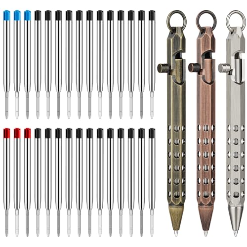 Image of Origin-Joy 3 Pack Bolt Action Pen Set, Six Edge Solid Brass EDC Pocket Tactical Pen With 30 Ballpoint Refills (Retro Black & Red Bronze & Nickel Gray)
