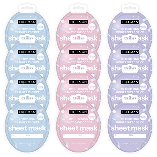 FREEMAN Limited Edition Christmas Sheet Masks, Brightening Candy Cane, Hydrating Cranberry Cider, Detoxifying Gingerbread Spice, Multicolor, Cacao, 12 Count