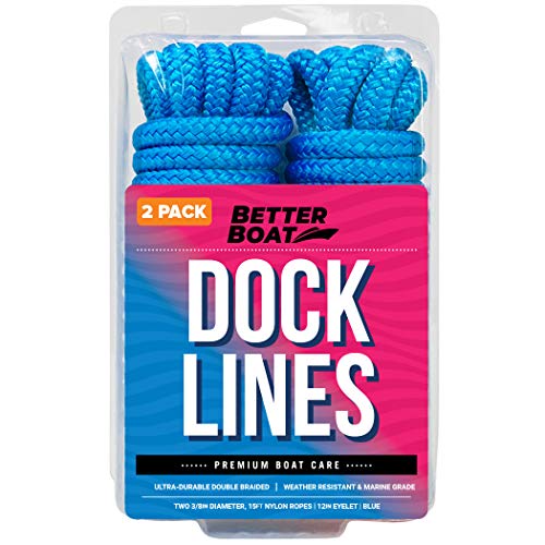 Dock Lines Boat Ropes For Docking 3/8" Line Double Braided Mooring Marine Rope 15Ft Nylon Rope Boat Dock Line For Docking Ropes For Boats With Loop Boating Rope Braided 15' Feet Ties Blue 2 Pack #TOP29