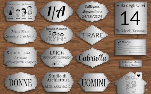Targa Porta Ingresso Personalizzabile Argento Spazzolato - Nome, Indirizzo, Design a Scelta, Targhetta Fuoriporta Laser Incisa Laminato Plastico