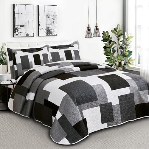 Image of Tyrot 3 Piece Black Grey Quilt Full /Queen Size Black White Gray Bedding Set | Lightweight Bedspread, Geometric Coverlet with 2 Sham, Modern Abstract Soft Microfiber, Bed Cover for All Season, 90''x96''