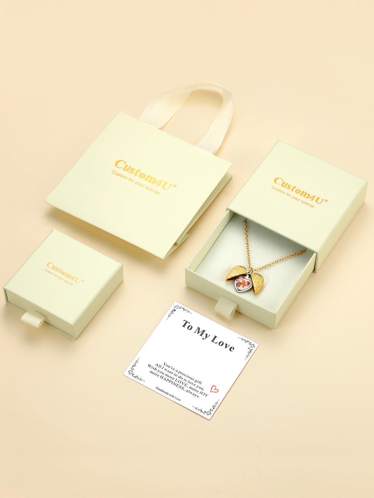 Custom4U Personalisierte Medaillon zum Öffnen für Bilder Memorial Damen Herz Engelsflügel Medaillon Kupfer Foto Kette mit Gravur Silber/Gold/Schwarz Locket Amulett mit 46cm/51cm kette