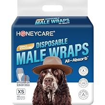 Honeycare Disposable Male Wraps for Senior Dogs, XS Size, 40 Count, Blue Jeans Color Design, Super Absorbent, Breathable, Wetness Indicator, Super Deodorization, Cute Suspender Style
