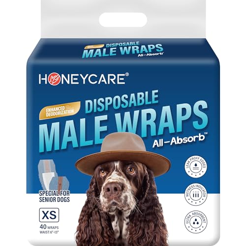 Image of Honeycare Disposable Male Wraps for Senior Dogs, XS Size, 40 Count, Blue Jeans Color Design, Super Absorbent, Breathable, Wetness Indicator, Super Deodorization, Cute Suspender Style