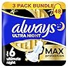 Always Ultra Sanitary Towels Secure Ultimate Night (Size 6) with Wings 3 x 16 Pads, Super Absorbent and Ultra Thin, for Menstrual Periods