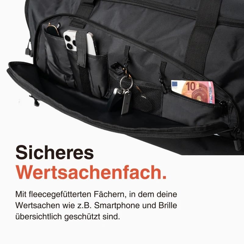 LODA Trolley (75L) Multifunktionale Sporttasche mit Rollen & Teleskopgriff | Rucksackfunktion - Unterteilbares Hauptfach, Schuh-, Nass- & Duschfach - Ideal für Mannschaftssport, Training & Reisen