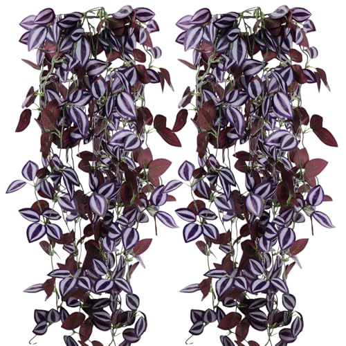 HOREAKHJ 2-Pack Fake Hanging Plants, Faux Hanging Plant Artificial Greenery for Living Room Bedroom Boho Wall Shelf Indoor Outdoor Decor (Purple-Eyed Hairy Leaf)