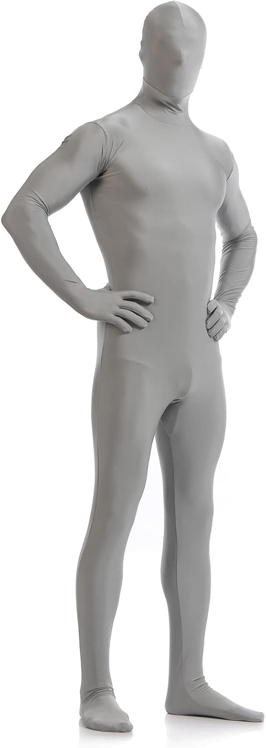 Men's Full Body Unitard with Mask Long Sleeve Zipper Back Jumpsuit One Piece Bodysuit Costume Second Skin Dancewear, Light-grey, 2XL/185-195cm