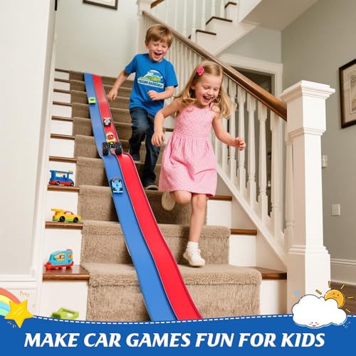 Image of Flexible Race Car Track 15 Ft Starter Set with Suction Cups Compatible with Diecast 1 /64th Car for Ages 3 & Up Classic Blue and Red Double Track Long Rolls Up Portable Racetrack