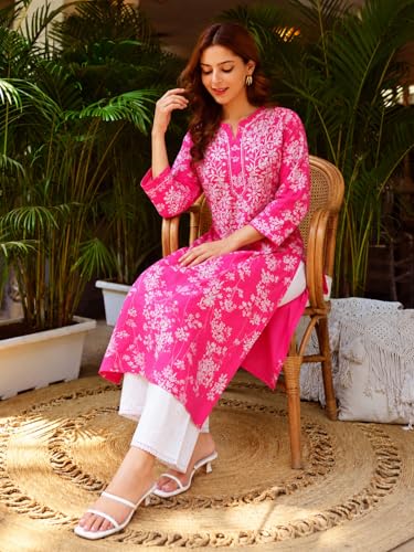 Image of GoSriKi Cotton Blend Embroidered Straight Kurta for Women | Cotton Blend Pink | 3 /4 Sleeve | Round Neck V-Slit | Ethnic Wear Casual Wear