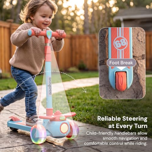 Image of Baybee Skiddo Baby Kick Scooters for Kids with 3 Height Adjustment | Foldable Skating Scooter with Foot Brake | Kids Scooter with RGB Lights & Music | Runner Scooters for Kid 2-10 Years (RED /Blue)
