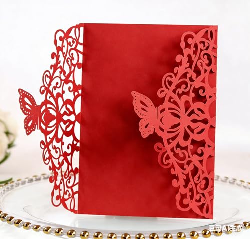 Cartes d'invitation de mariage luxe en dentelle de papier découpée au laser rouge lot de 50