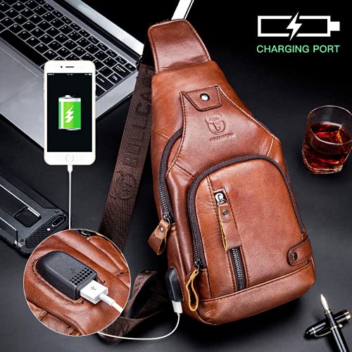 Bolsa tiracolo masculina de couro de camada superior com porta de carregamento USB, Brwon, Small, Cl