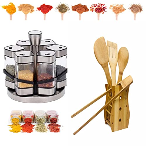 Lacosvi Lot de 6 pots à épices rotatifs + 6 pots + porte-ustensiles Cover