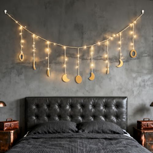 Mondphasen Girlande, Schlafzimmer Wanddeko Mondstücke mit Lichtleiste, Boho Style Aesthetic Room Decor, Lichterkette Schlafzimmer, Mondlampe Wanddeko...