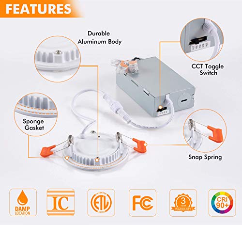 CLOUDY BAY 3 inch 5 Color Ultra Thin LED Recessed Light with Junction Box, Canless Wafer Downlight, IC Rated, 8W CRI90+, 5 Color Temperature Selectable, Illumination Diameter 1-7/8inch,White, 6 Pack by CLOUDY BAY - Used condition - Image 5