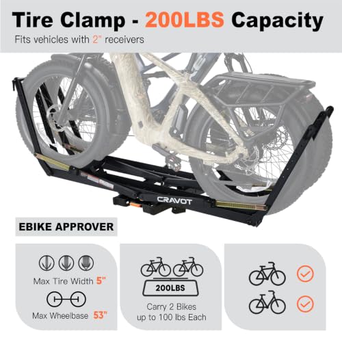Image of CRAVOT Ebike Racks for 2 Bikes Tow Hitch, Tire Clamp Rack Bike Carrier | Heavy-Duty Haul Ebike Rack with 2 Tray Arms Lock, 200lbs Capacity Fits Fat Tire Bicycle, for Car, SUV with 2 inch Receiver