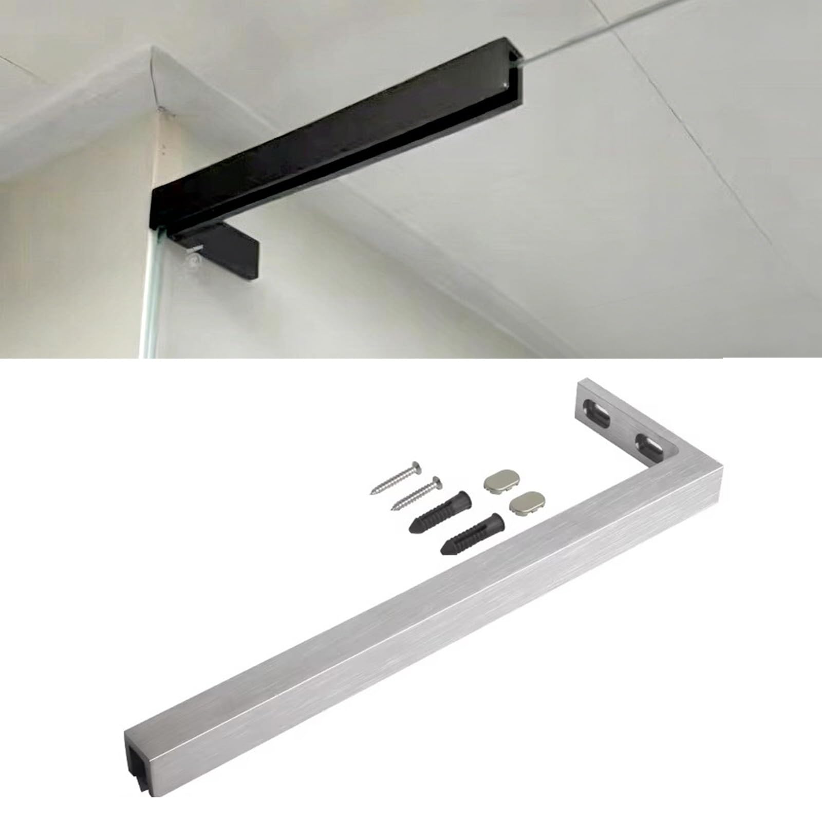 Barra de soporte de vidrio de ducha sin taladro, barra de soporte fija en forma de L, soporte estabilizador fácil de instalar para mampara de ducha de baño