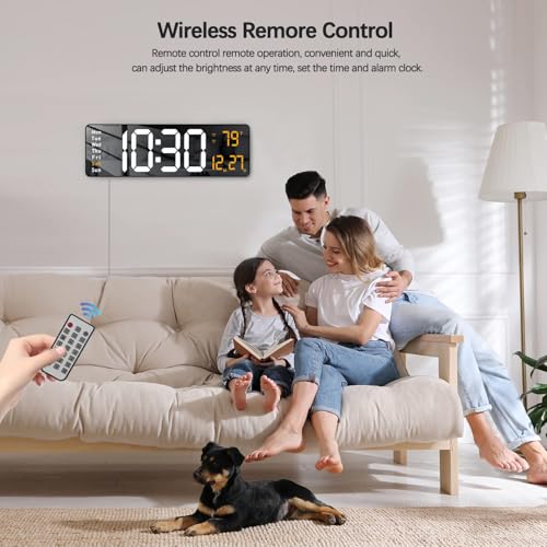 Image of EASEPRES 16 inch Digital Wall Clock with Remote Control - LED Display, Auto-Dimming, Countdown Timer, Temperature & Calendar - 12 /24 Hour Format, ABS Rectangle Design (White + Orange)