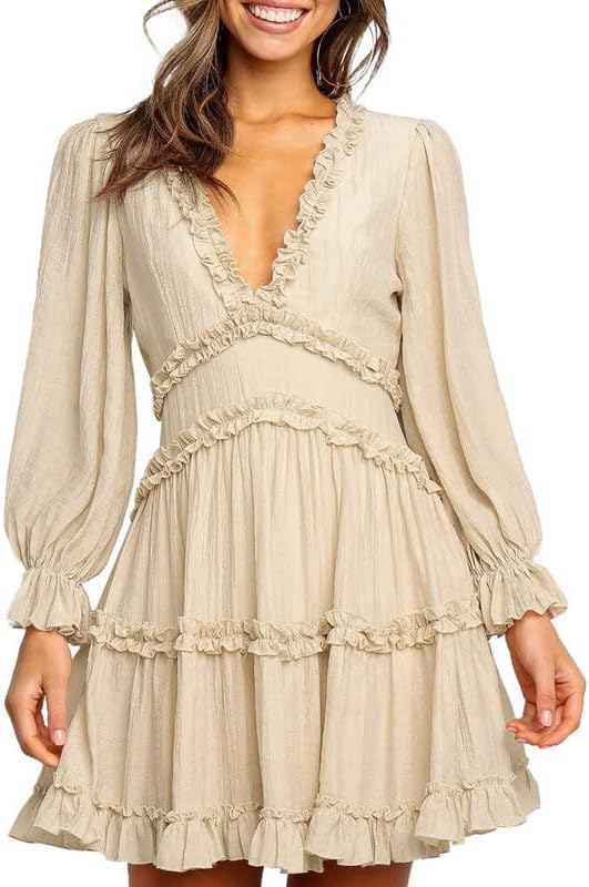 Dokotoo Womens 2024 Summer Spring Deep V Neck Ruffle Long Sleeve Open Back Flowy Mini Dress