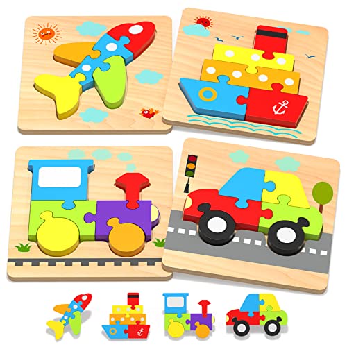 Image of Wooden Toddler Puzzles Gifts Montessori Toys for 1 2 3 Years Old Boys Girls | 4 Vehicle Shape Puzzles, Boy Birthday Gift, Montessori Toys Educational Blocks for Toddlers 1-3, 2-4, Baby Learning Toys