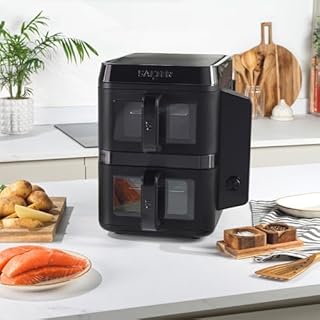 Friteuse à air verticale Salter VertiCook View, 2 tiroirs, cuisine sur 4 niveaux, capacité de 9L avec deux paniers de cuisson de 4.5L chacun. Design compact, 12 fonctions culinaires et sans PFAS