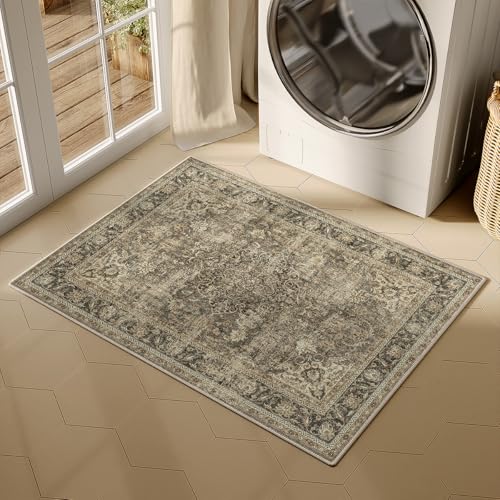 2x3 Washable Brown Vintage Area Rug for Entryway Non-Slip Low Pile Traditional Carpet Retro Distressed Soft Thin Door Mat Small Accent Throw Rug for Kitchen Entrance Bathroom
