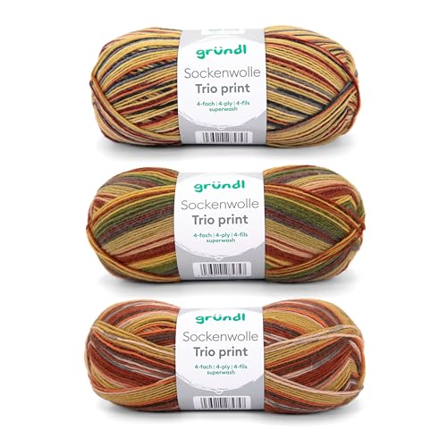 Gründl Wolle Sockenwolle Trio - Strickgarn für 3 Paar Socken - Strapazierfähig und hautfreundlich - 75% Schurwolle, 25% Polyamid - 3 Knäuel 100 g / 420 m - Nadelstärke 2,5-3 - natur-orange-braun*