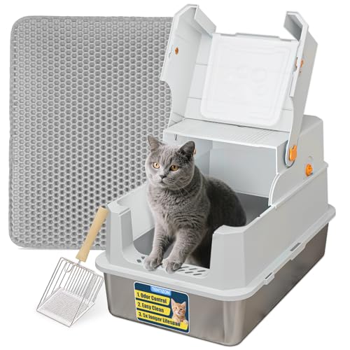 TENTIZON Stainless Steel Cat Litter Box with Lid, Large Covered Enclosed Kitty Litterbox with Hood, Flip Top, High Side, Litter Mat, Scoop for Big Cats, Kitten, No Odor, No Mess, Easy Clean, Grey