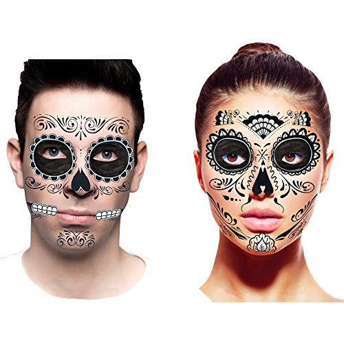 Day of The Dead Costume Accessories Temporary Tattoos for Couples Kit with Black Base Makeup (Set of 2 Halloween Sugar Skull Face Tattoo Kit, Traditional & Glitter Web Designs)