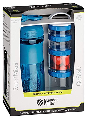 BlenderBottle Combo Pak - Sportmixer Shaker 820 ml inhoud en GoStak Starter 4 stuks met handvat in een aantrekkelijke geschenkverpakking, cyaan