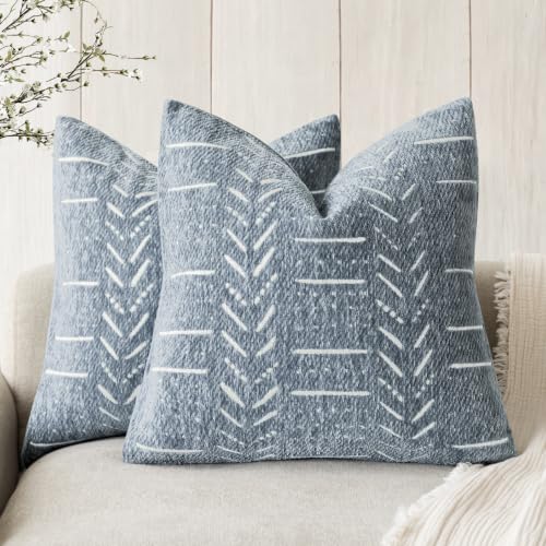 Image of Foindtower Set of 2 Decorative Chenille Jacquard Throw Pillow Covers Textured Farmhouse Vintage Cushion Covers Neutral Boho Accent Home Decor for Sofa Chair Couch Bedroom Living Room,18x18 Inch,Blue