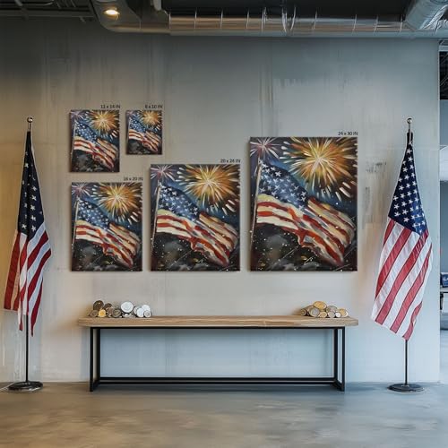 Image of 4 of July Canvas Wall Art, Fireworks and American Flag Painting, Patriotic Night Scene Poster Print, Memorial Day Independence Celebration Framed Artwork for Living Room and Office Decor 24x30inch