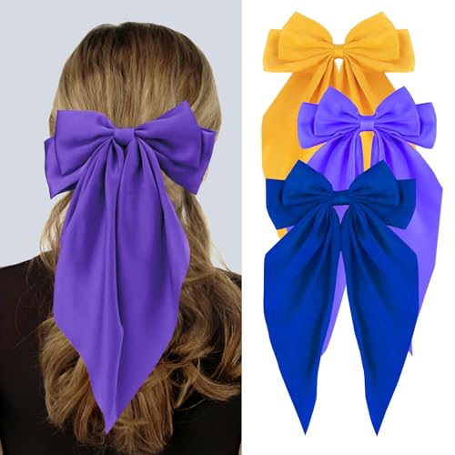 Silky Satin Hair Bows, Oversized Long Tail Bows with Barrette Clips, Coquette Hair Accessories for Women and Girls (Royal Blue - Yellow - Purple)