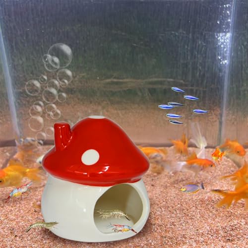 Image of AnRui Cute Mushroom Fish Tank Decoration Ceramic House Aquarium Accessories Hideout Cave Ornament for Small Fish, Shrimp, Goldfish and Reptiles, Red