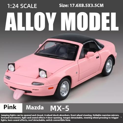 Image of 1:24 Mazda Miata MX-5 Diecast Model Car - Pull Back Metal Sports Toy Car with Light & Sound, Openable Doors - Collectible Toy Gift for Kids & Adults (Pink)