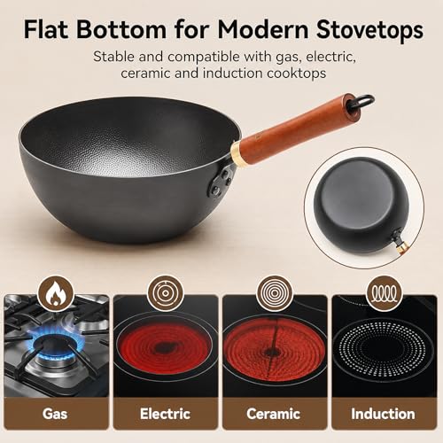 Image of WANGYUANJI 8.7-Inch Carbon Steel Mini Wok, Flat Bottom Small Stir Fry Pan for 1-2 Servings, Uncoated Textured Wok for Gas, Electric, Ceramic & Induction Stoves, with Lid & Spatula