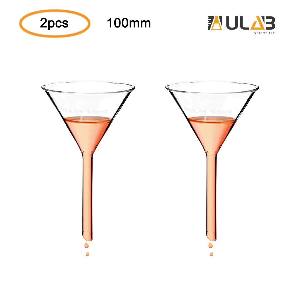 ULAB Scientific 100mm Glastrichter, kurzer Stieldurchmesser 13mm, 3.3 Borosilikatglas, dickwandig, 2er-Pack, UGF1010