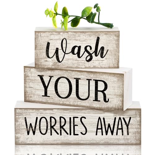 Image of Moucuny 4 Pcs Farmhouse Laundry Room Decor Stacked Blocks Wash Your Worries Away Sign Funny Bathroom Shelf Decor and Accessories Rustic Eucalyptus Leaves Block Signs for Home Bathroom Toilet Washroom