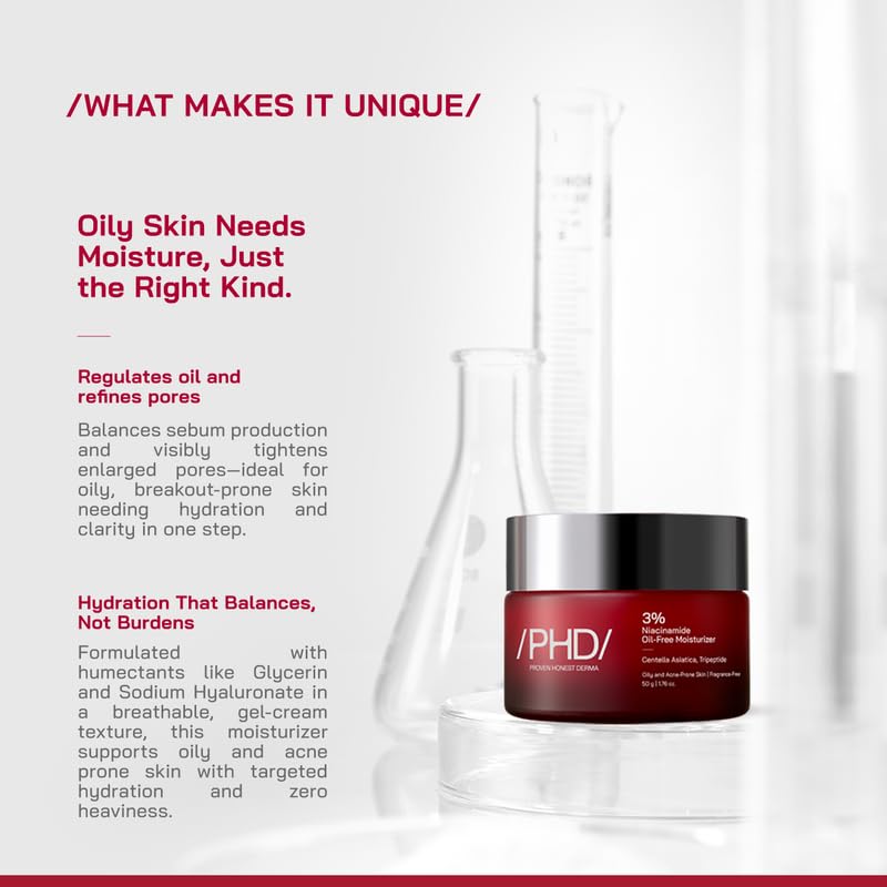 Image of /PHD / 3% Niacinamide Oil-Free Moisturizer | Face Moisturizer for Oily & Acne-Prone Skin | Lightweight Gel for Men & Women with CICA & Tripeptide | Hydrates & Controls Oil | 0.05% Salicylic acid| 100g