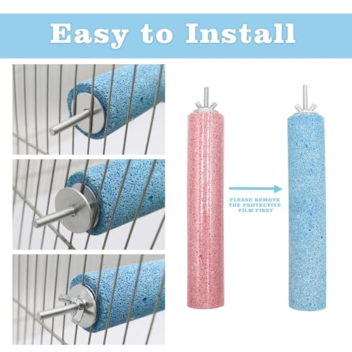 Image of Dual-Textured Bird Perch, 2-Pack - Chewable Mineral Stone & Metal Rod Stand for Small /Medium Birds | Cage Mounted Perches for Beak Grinding, Claw Trimming (Blue & Pink)