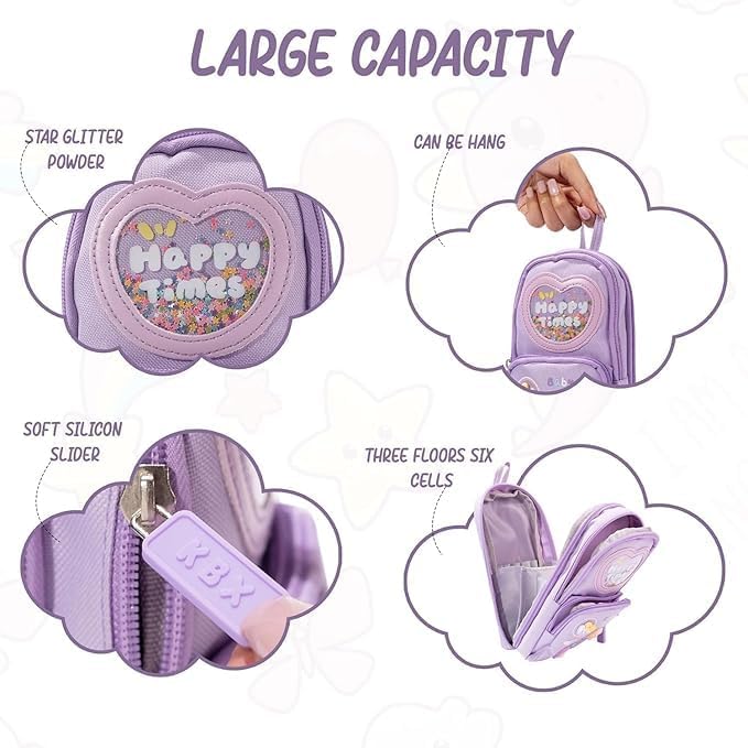 Image of PRANIJ Cute Aesthetic Large Capacity 6 Layer with 3 Compartment Pencil Case Pouch with Zipper Portable Stationery Organizer for School College Boys Girls Women Men (Purple - Happy Times)