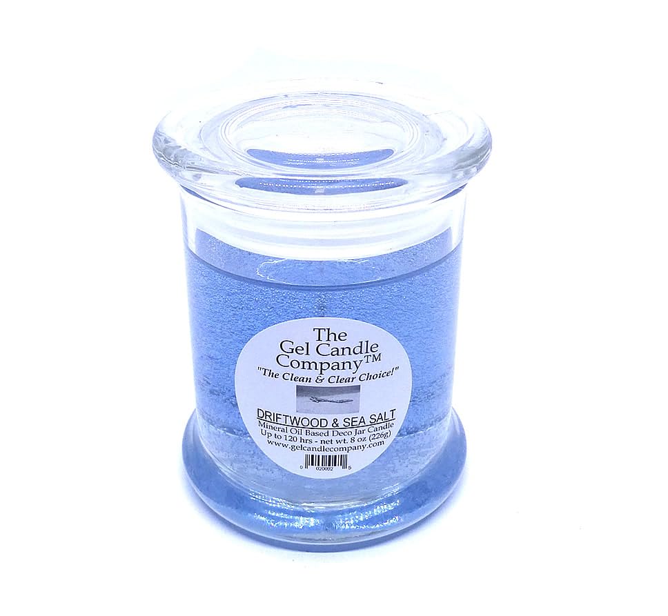 Up to 120 Hour DRIFTWOOD AND SEA SALT Scented Deco Jar Mineral Oil Based Candle Clean Burning Gentle Aroma Made in USA by The Gel Candle Company