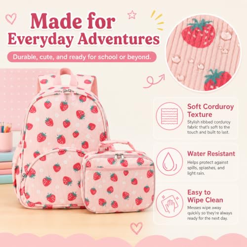 Image of LOIDOU Kids Backpack with Lunch Box Set, Toddler Preschool Boy Backpack with Chest Strap Kindergarten Backpack LunchBox Combo (Strawberry)