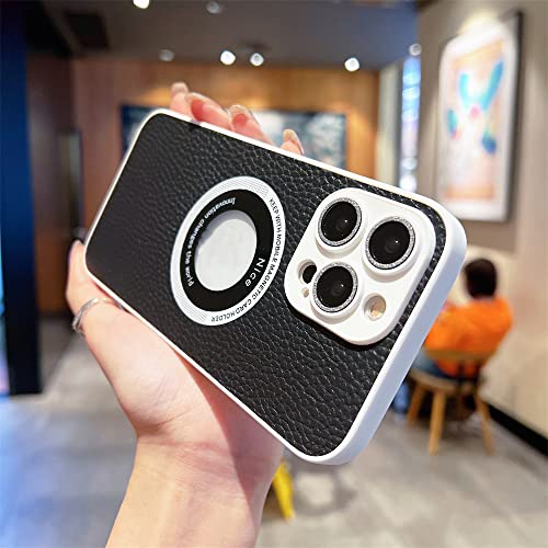 Étui en cuir pour iPhone 14 Plus chic avec film de lentille scintillante noir