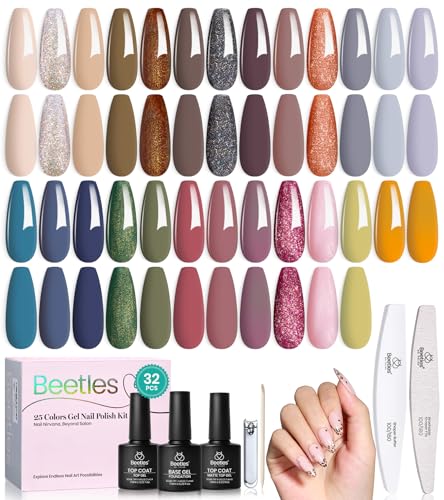 Image of Beetles Retro Gel Nail Polish Set - Catwalk Tonal Hues 25 Colors UV Gel Polish Set, Brown Nude Blue Green Glitter with Base Glossy Matte Top Coat Soak Off UV LED Manicure Gift for Women