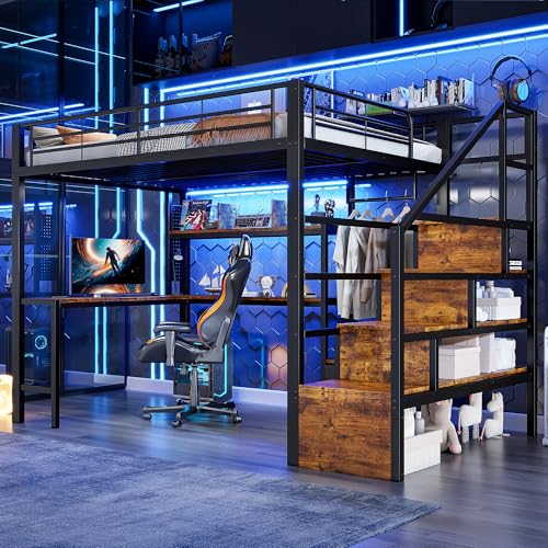 Sapgaks Lit Mezzanine Enfant 140 x 200 cm avec LED,Bureau,2 tiroirs, Grille pour Suspendre des Objets,lit superposé en Fer avec échelle de sécurité,Cadre...